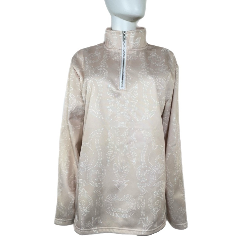 Women’s Dusty Pink Paisley Stitch Print Zippered Mock Collar Pull Over